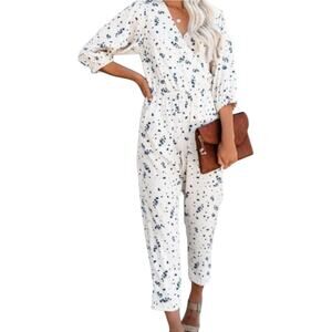 Vici Antique Jumpsuit Straight Relaxed Elastic Waist Pockets Cream Blue S